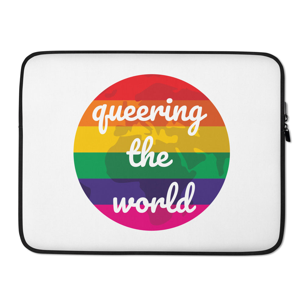 White laptop sleeve with black trim, featuring a rainbow globe and “queering the world” lettering