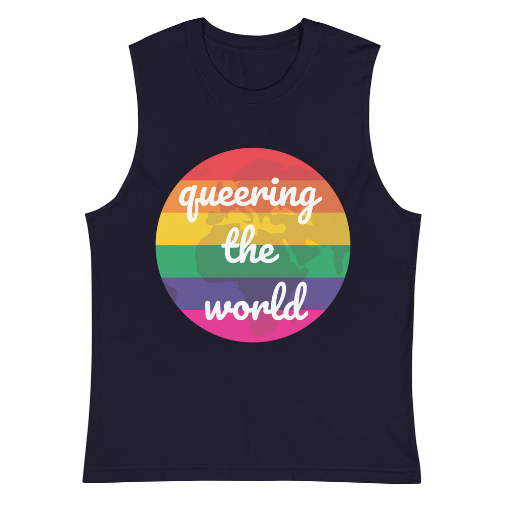 Front view of a navy muscle tank top with a rainbow globe reading “queering the world”