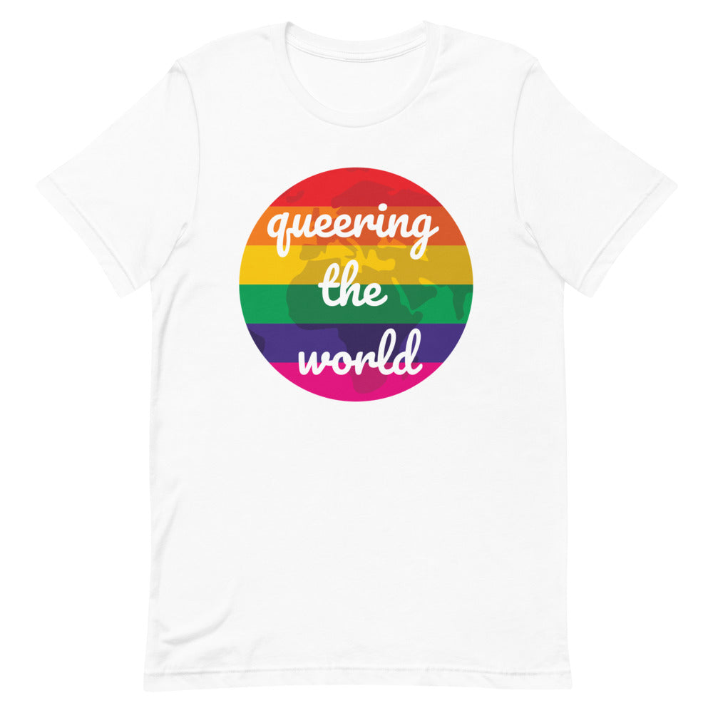 White T-shirt with a rainbow circle graphic reading “queering the world”