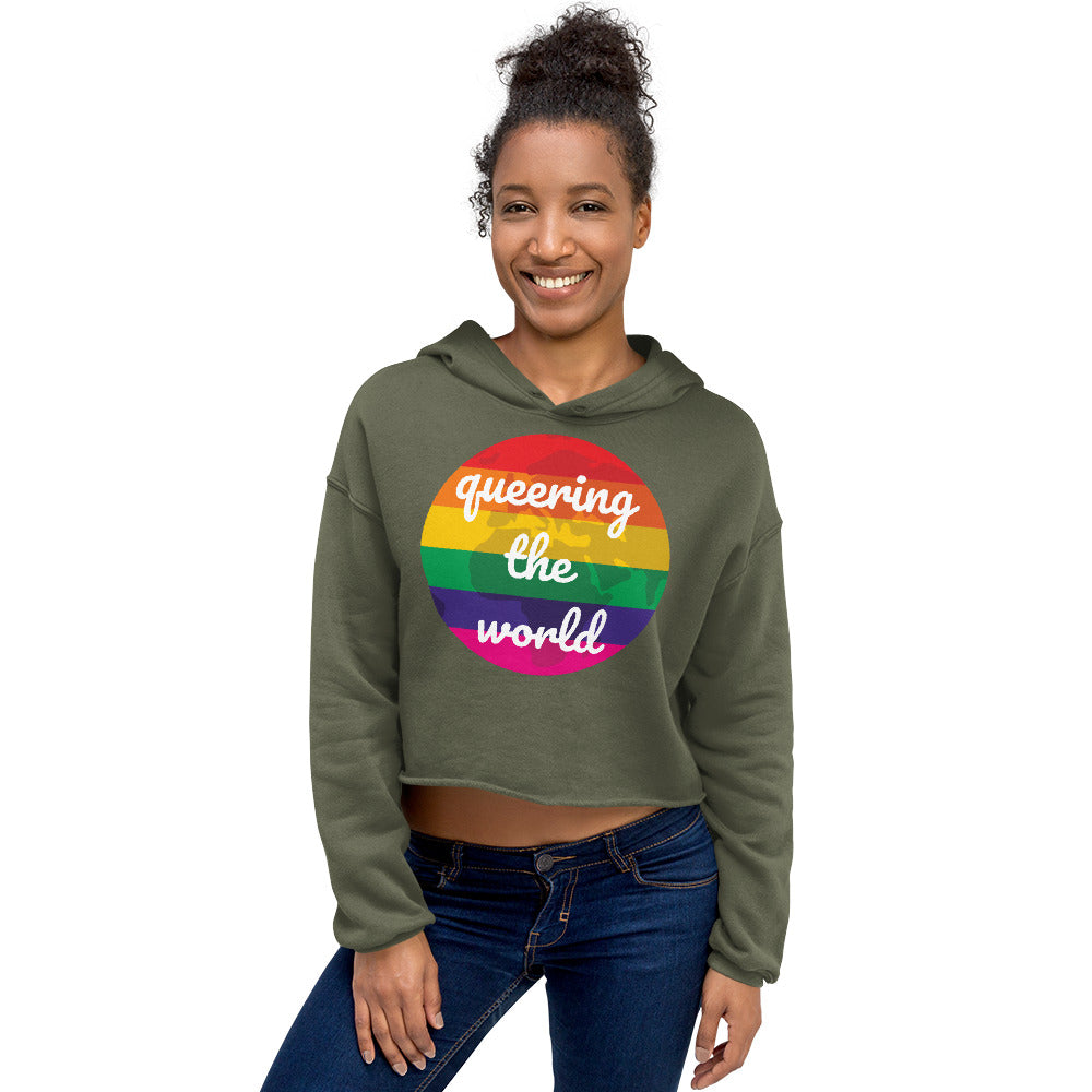 the world of gays: Green "Queering The World" crop hoodie with rainbow graphic