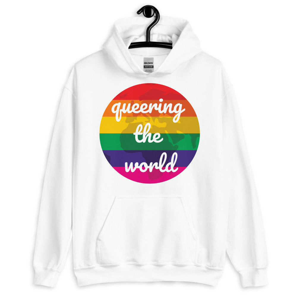 Front view of a white hoodie with a rainbow circle reading “queering the world”