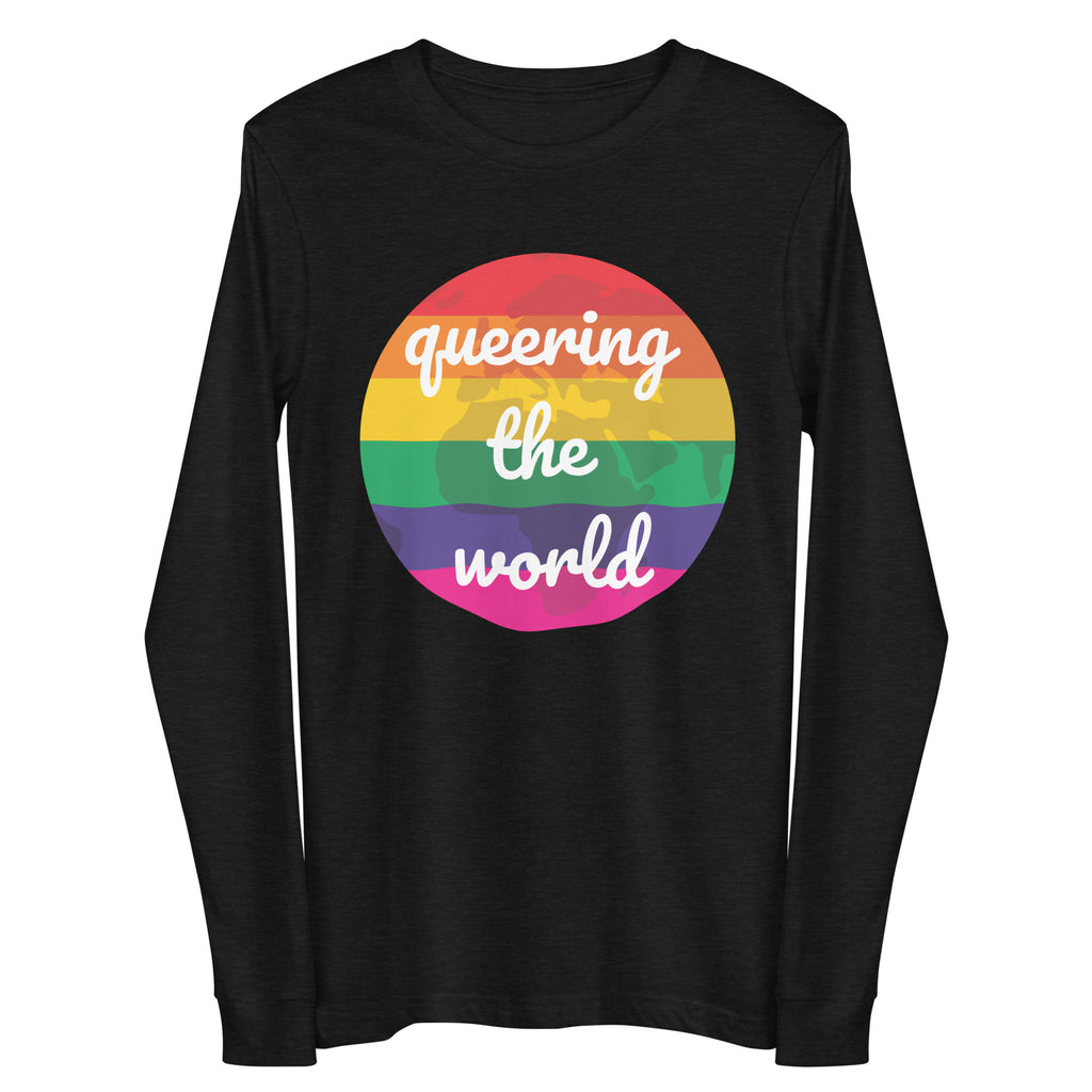 Front view of a black long-sleeve shirt with a rainbow circle reading “queering the world”