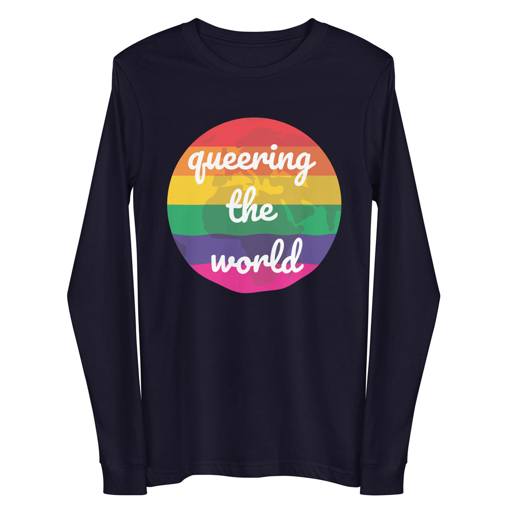 Front view of a navy long-sleeve shirt with a rainbow globe reading “queering the world”