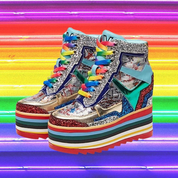 Rainbow-laced chunky platform sneakers with glitter panels and rainbow-striped soles