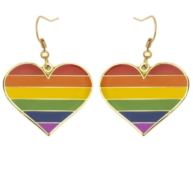 Rainbow lesbian pride heart drop earrings with gold-tone hooks