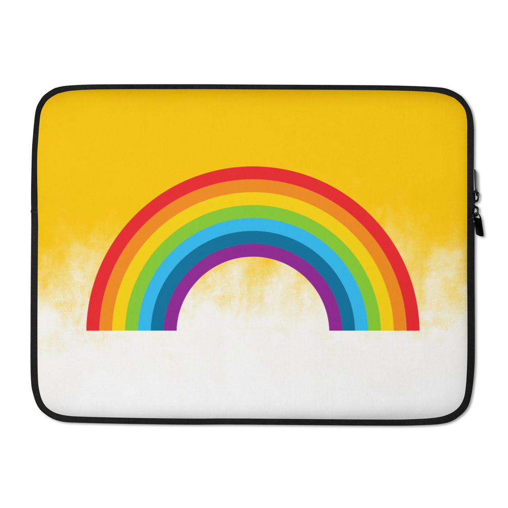 Front view of a laptop sleeve with a rainbow arch on a yellow and white background