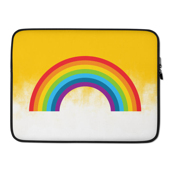Front view of a laptop sleeve with a rainbow arch on a yellow and white background