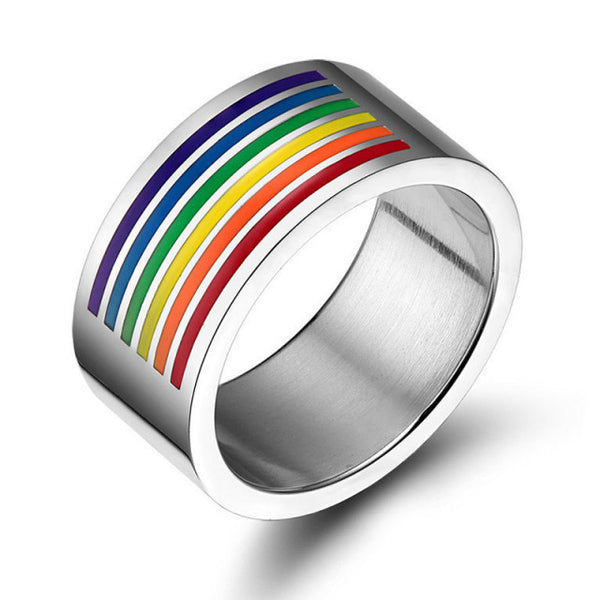 Silver rainbow Pride flag ring with multicolored stripes
