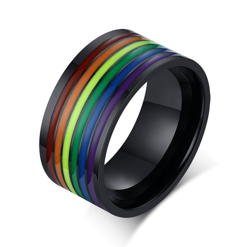 Black ring with raised rainbow Pride flag stripes around the band