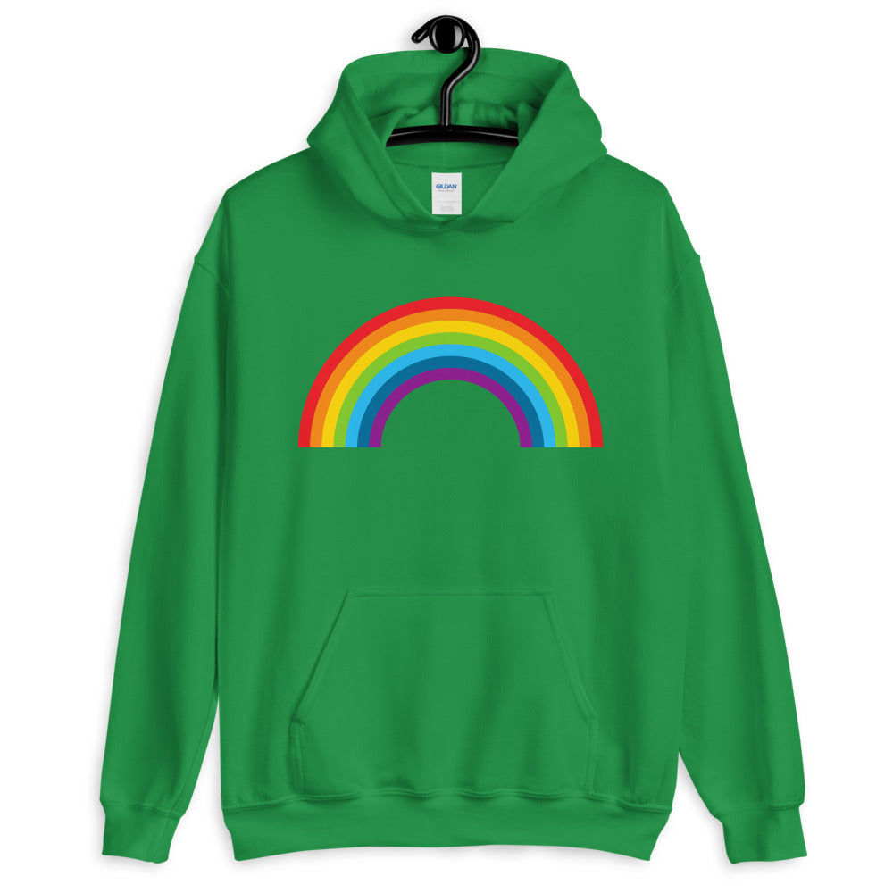 Green pullover hoodie with a rainbow arch graphic and front kangaroo pocket