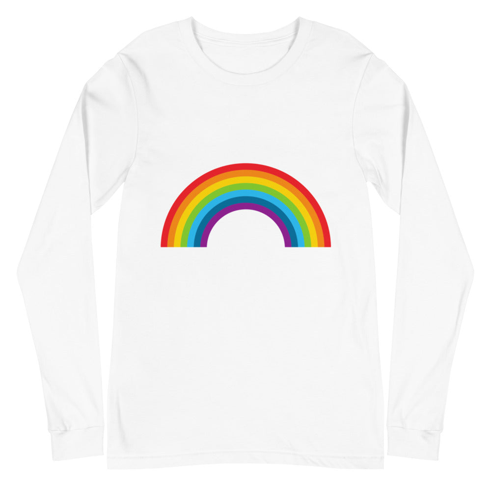 Front view of a white long-sleeve shirt with a colorful rainbow arch