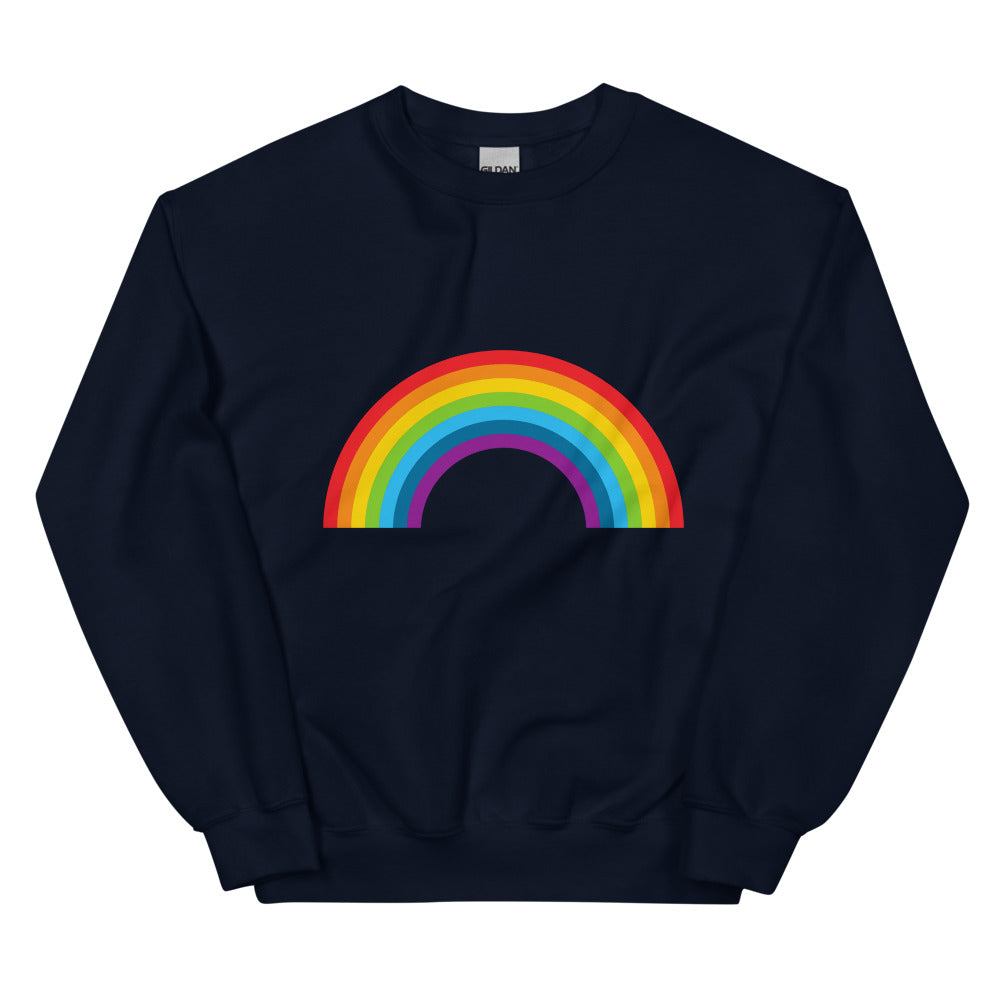 Front view of a navy sweatshirt with a bright rainbow arch across the chest