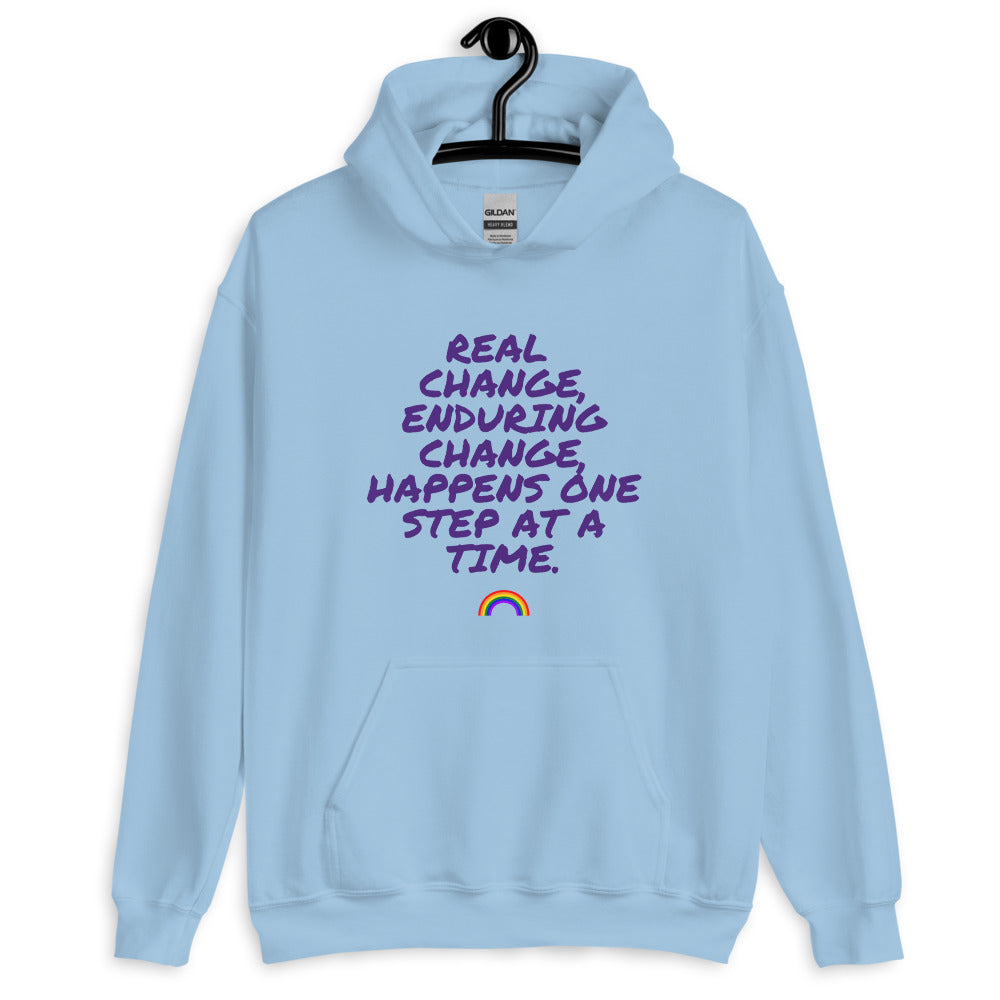 Front view of a light blue hoodie with purple text and a small rainbow graphic