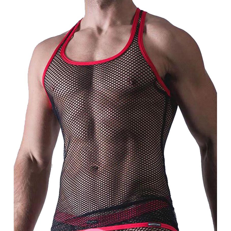 Front view of a muscular model wearing a black mesh tank top with red trim