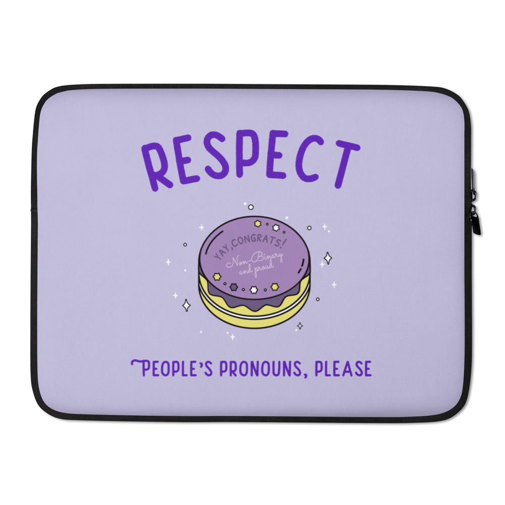 Lavender laptop sleeve with purple “RESPECT” text, a nonbinary cake, and “PEOPLE’S PRONOUNS, PLEASE”