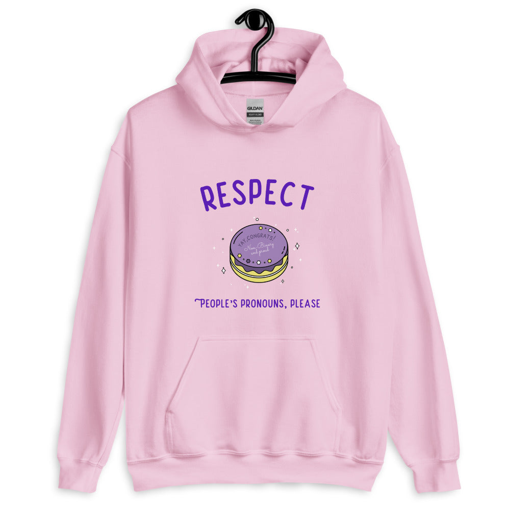 Front view of a pink hoodie reading “RESPECT PEOPLE’S PRONOUNS, PLEASE” with a cake graphic