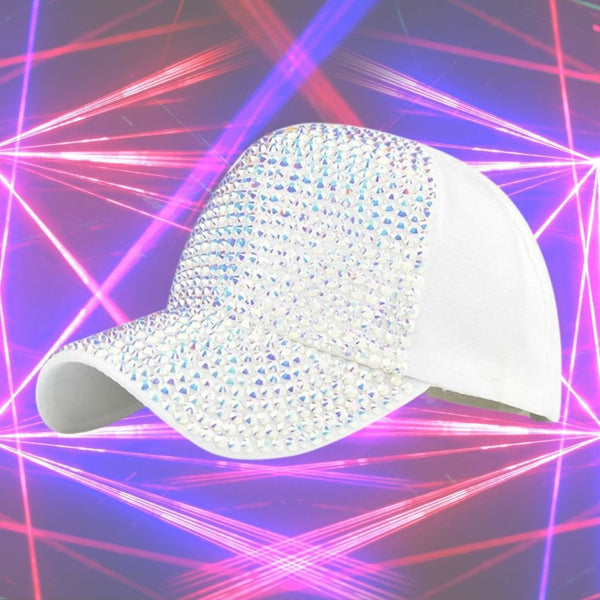 White baseball cap covered in iridescent rhinestones on the front and brim