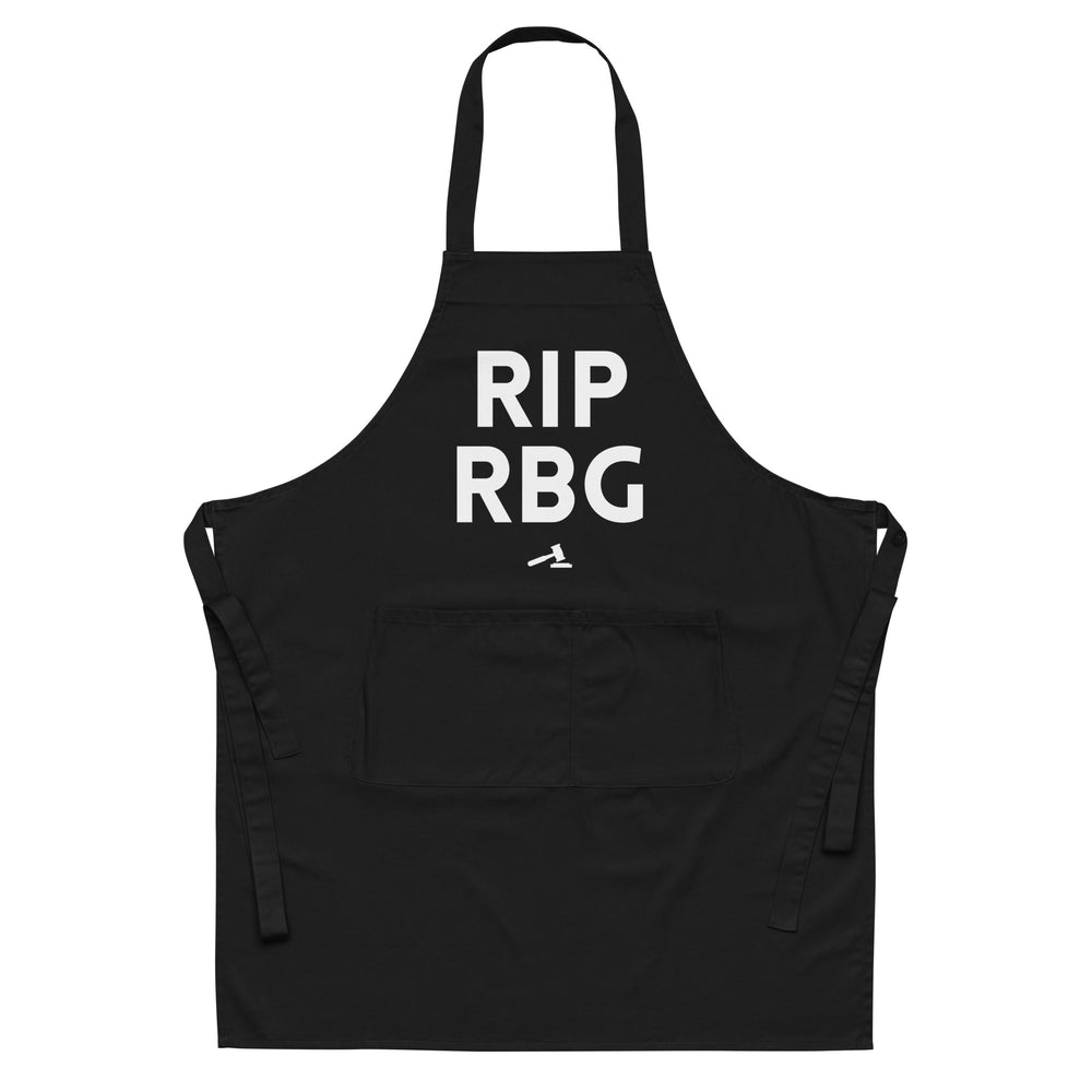 Front view of a black apron reading “RIP RBG,” with a small gavel graphic and front pocket