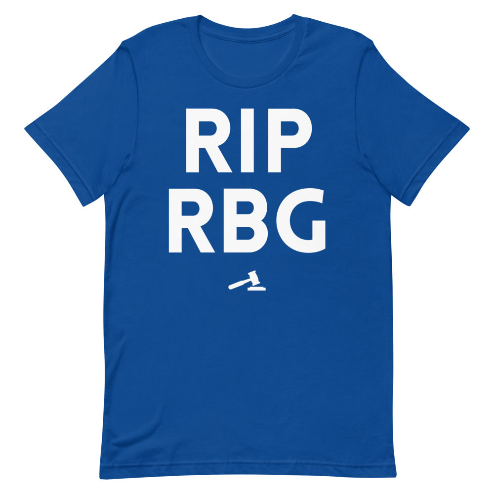 Blue T-shirt with white “RIP RBG” lettering and a small judge’s gavel graphic