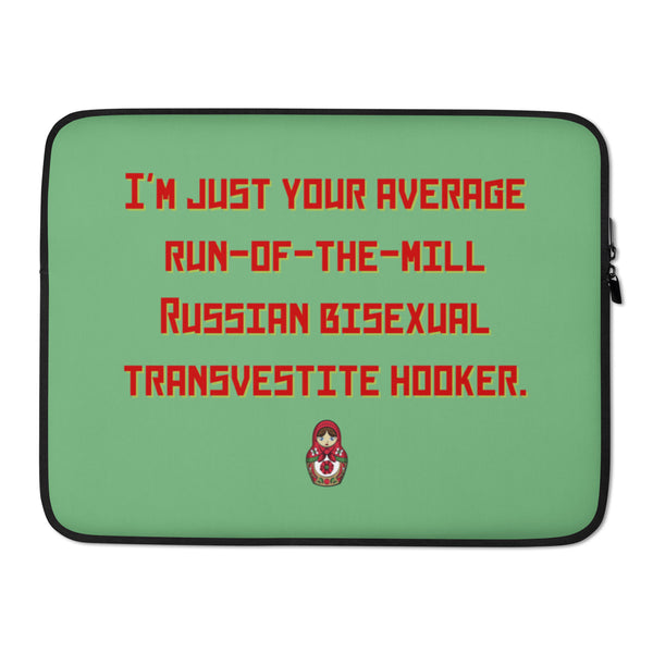 Green laptop sleeve with red text and a small Russian nesting doll graphic