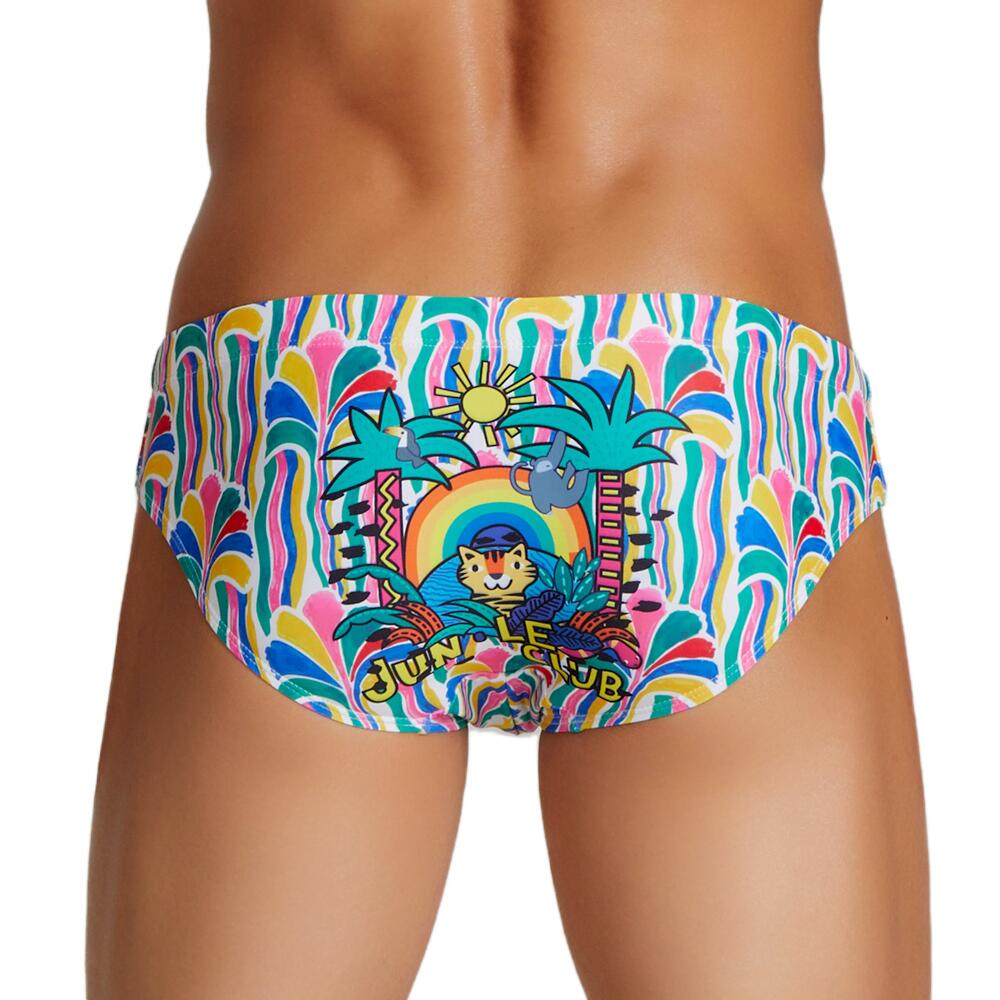 Front view of a model wearing colorful jungle-print swim briefs with a central cat illustration