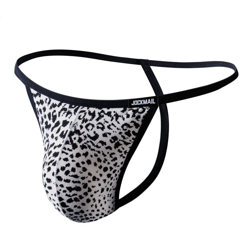 Front three-quarter view of a leopard-print men's thong with black straps and JOCKMAIL label
