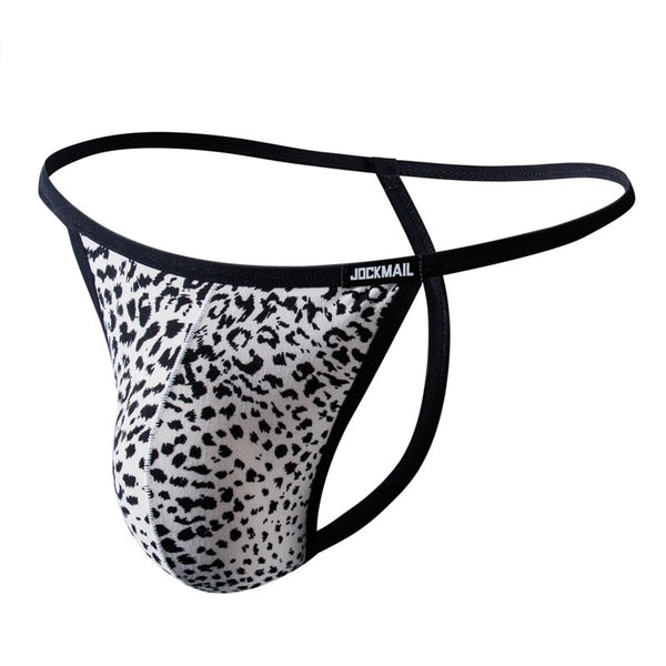 Front three-quarter view of a leopard-print men's thong with black straps and JOCKMAIL label