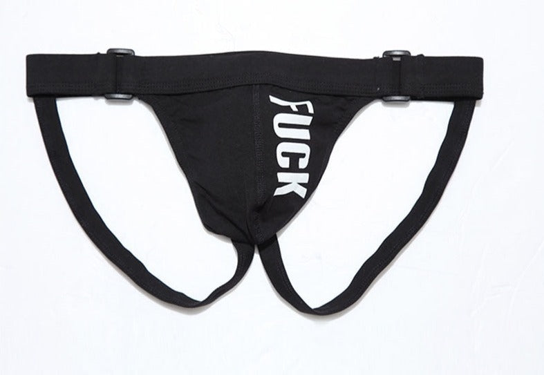 Black jockstrap with adjustable straps and vertical white “FUCK” lettering