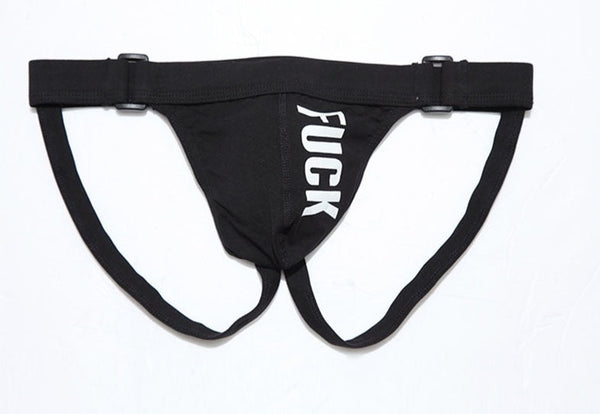 Black jockstrap with adjustable straps and vertical white “FUCK” lettering