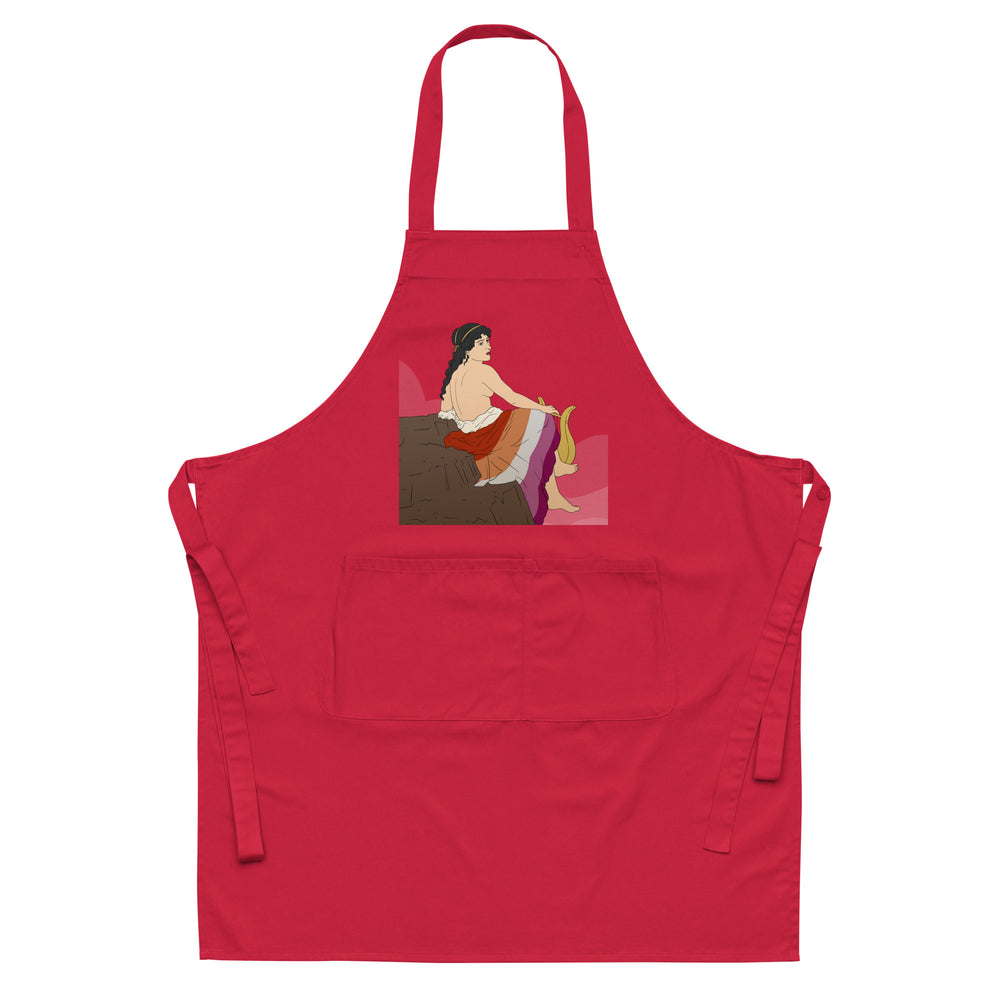 Front view of a red apron with a central illustration of a seated woman playing a lyre