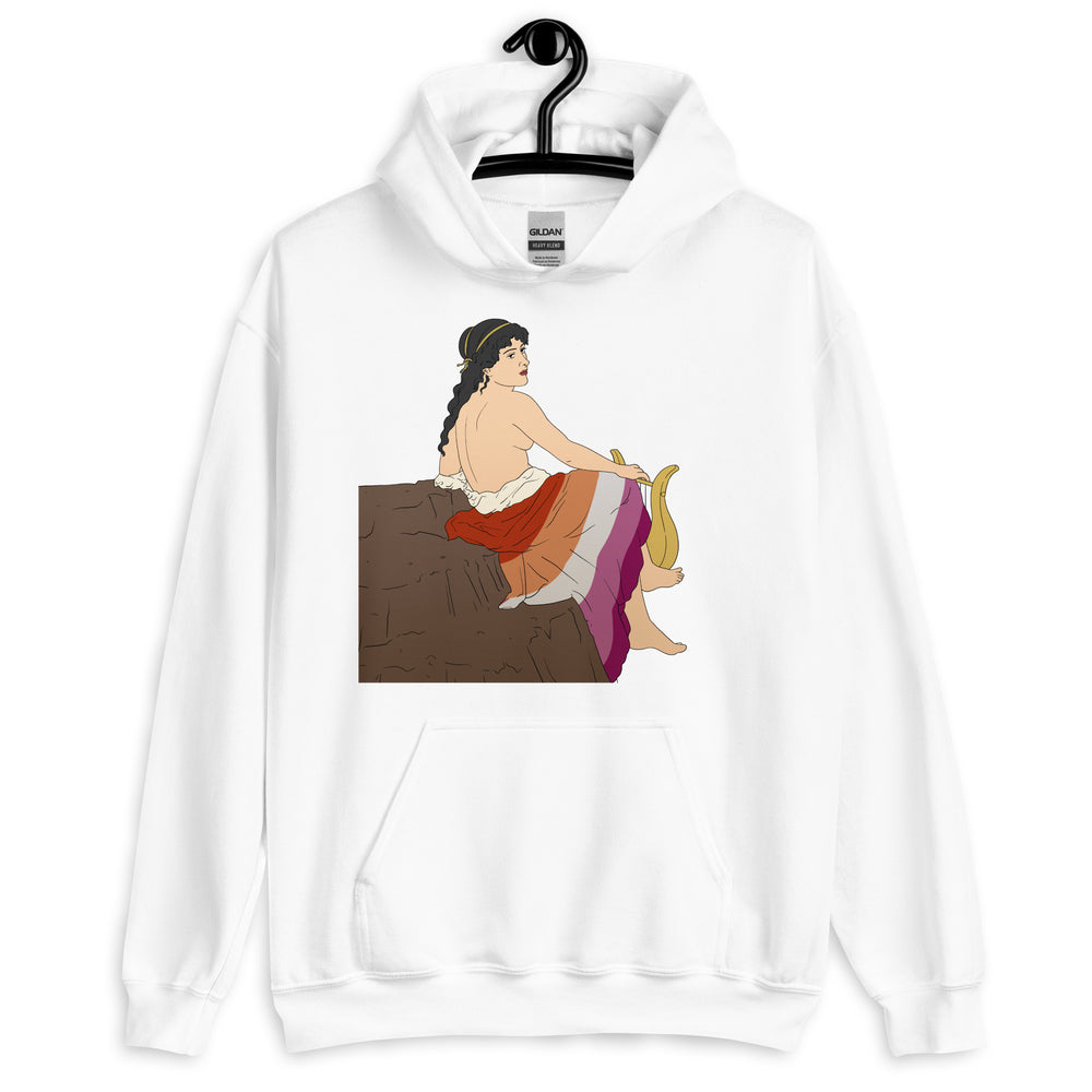 Front view of a white hoodie with a topless lyre-playing woman illustration