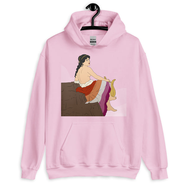 Front view of a pink hoodie with a seated topless woman playing a lyre