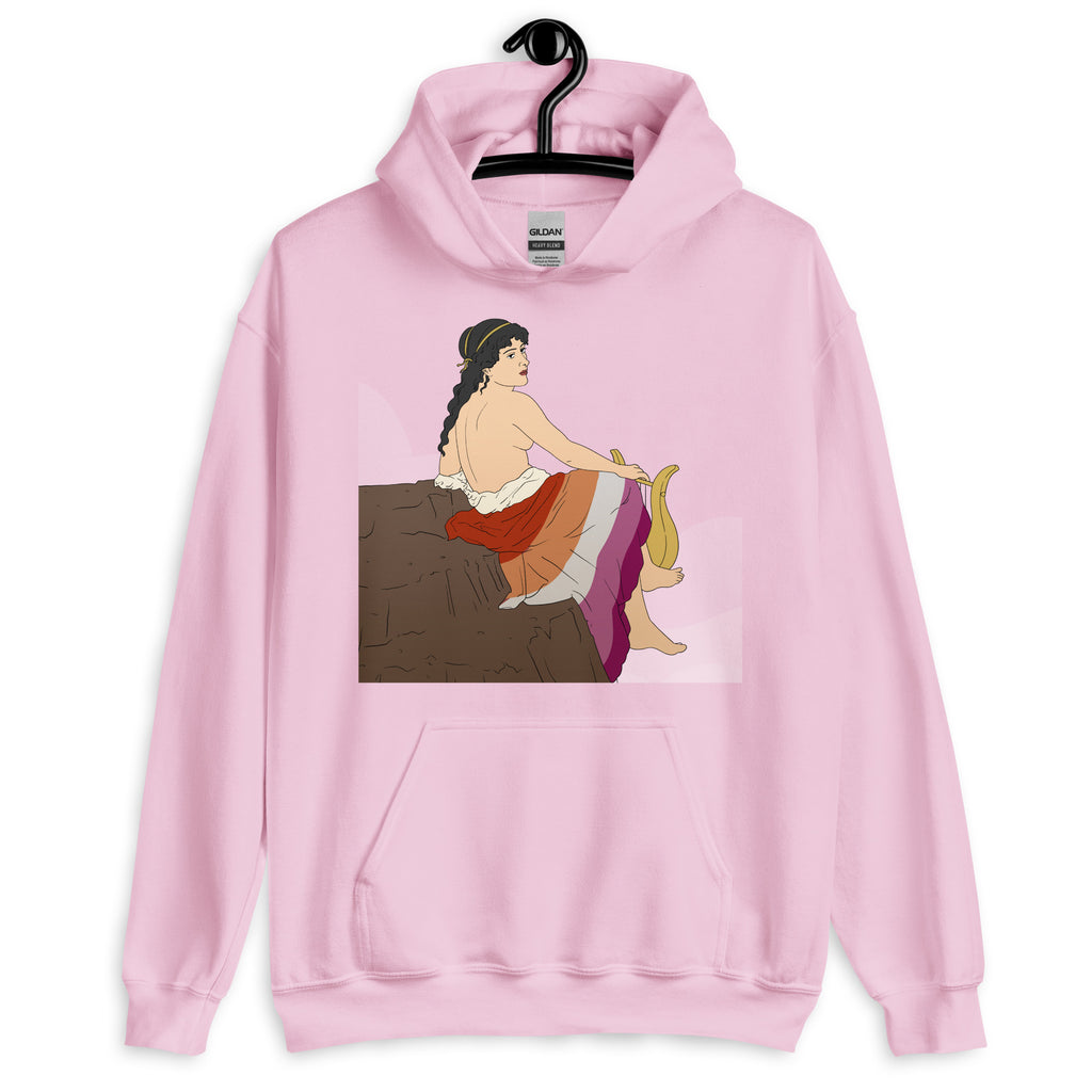 Front view of a pink hoodie with a seated topless woman playing a lyre