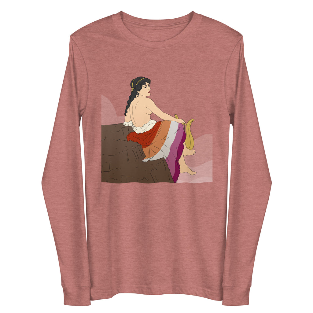 Front view of a heather mauve long-sleeve shirt with a seated woman playing a lyre graphic