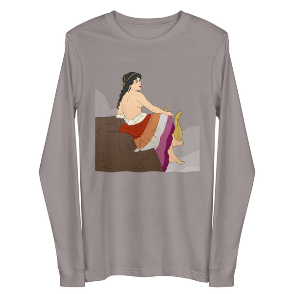 Front view of a gray long-sleeve shirt with an illustrated seated woman and rainbow drape