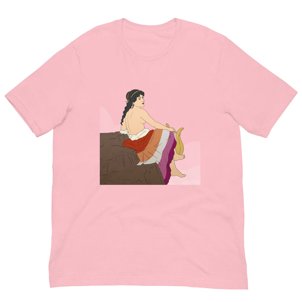 Pink T-shirt with a classical-style illustration of a seated, partially nude woman playing a lyre
