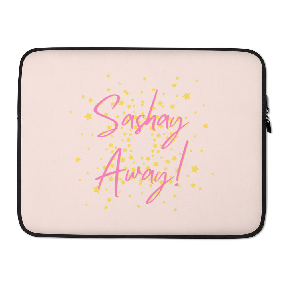 Front view of a pale pink laptop sleeve reading “Sashay Away!” among yellow stars