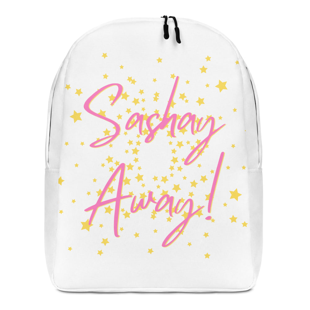 Front view of a white backpack reading “Sashay Away!” in pink script among yellow stars