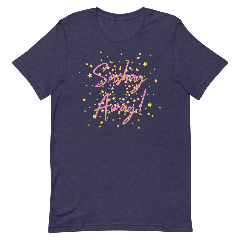 Navy T-shirt with pink “Sashay Away!” lettering surrounded by yellow stars