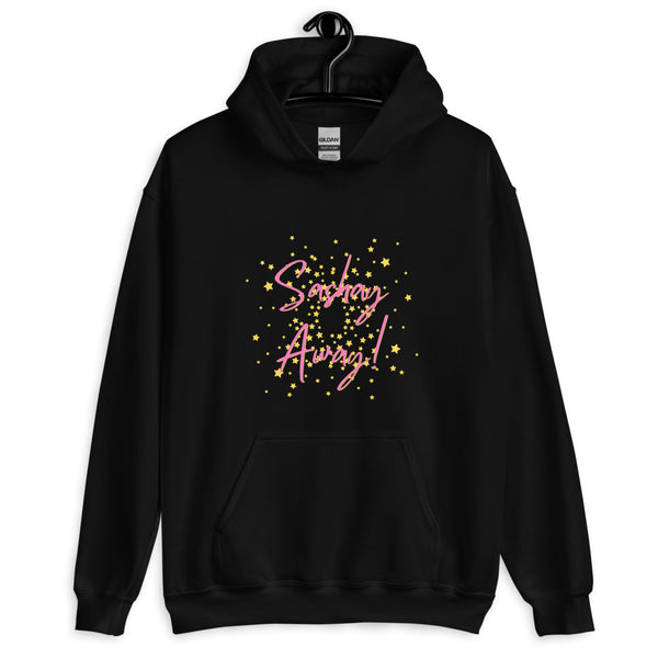 Front view of a black pullover hoodie with pink “Sashay Away!” text and gold stars