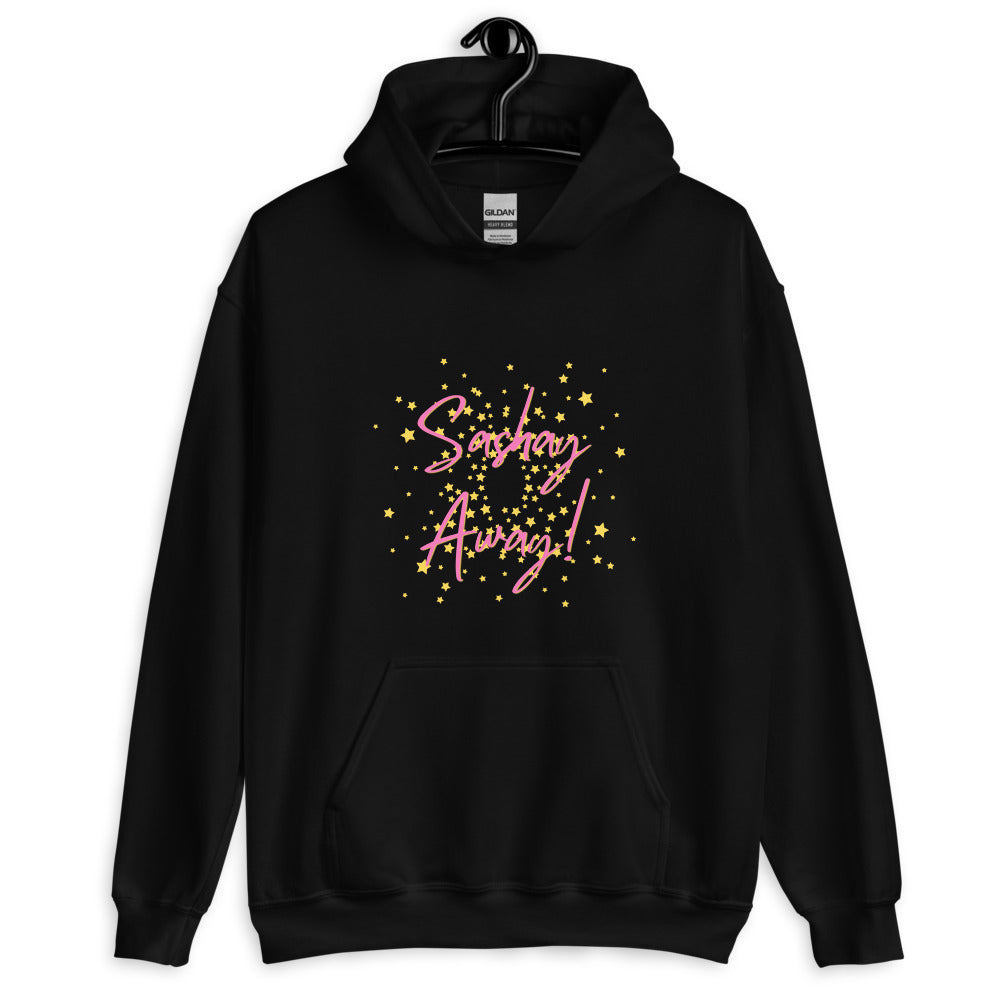 Front view of a black pullover hoodie with pink “Sashay Away!” text and gold stars