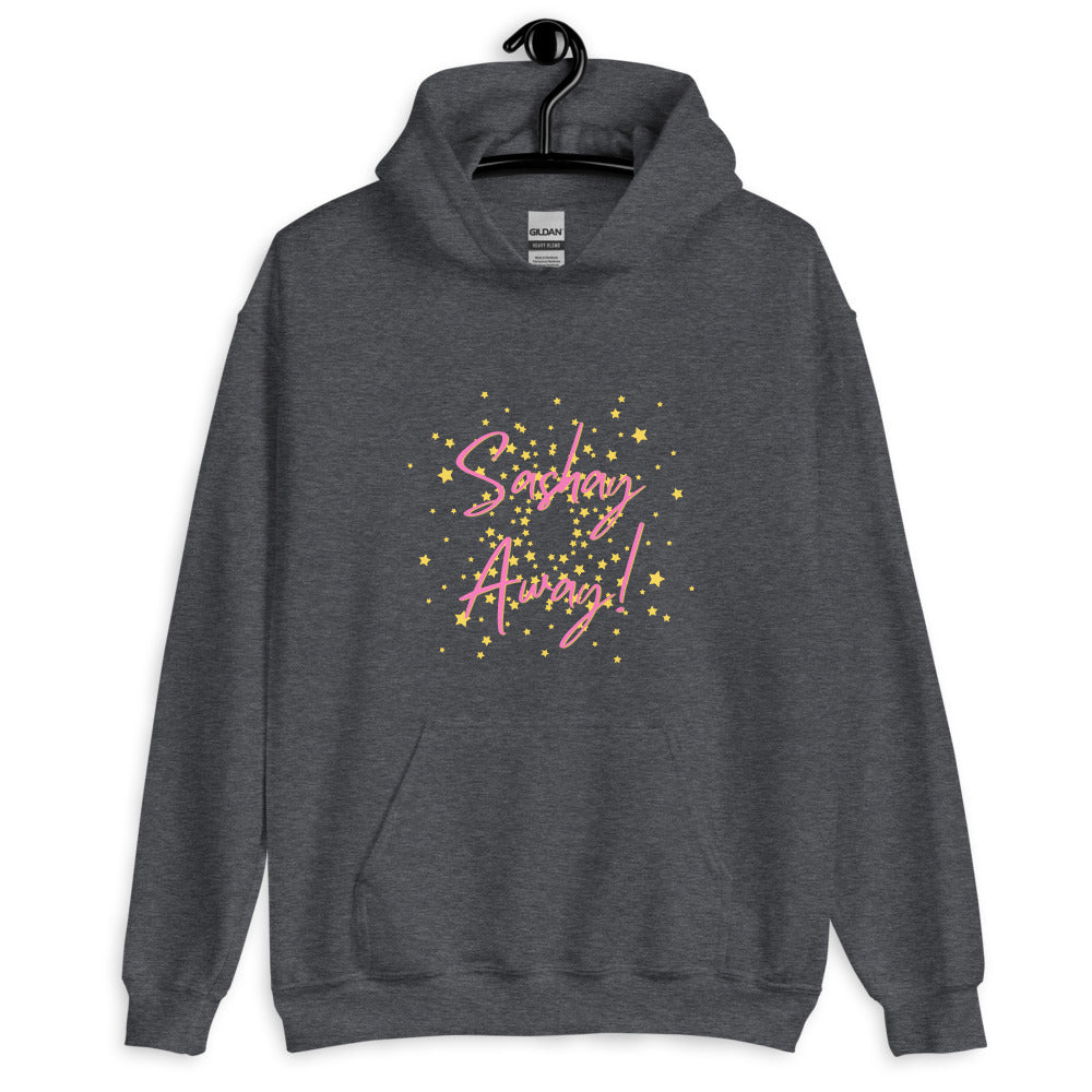 Front view of a dark gray hoodie reading “Sashay Away!” in pink and yellow stars