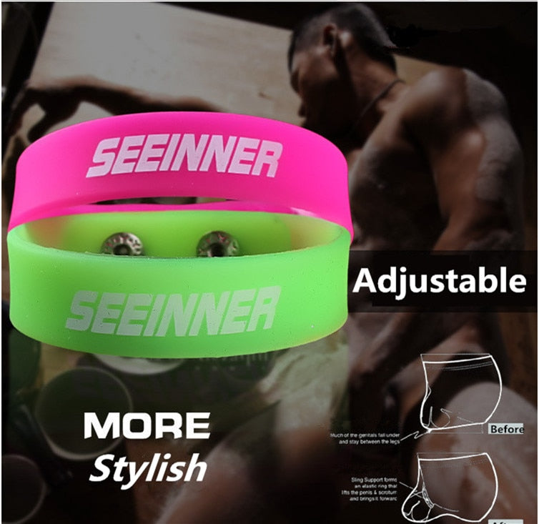 Pink and green adjustable penis ring with SEEINNER branding, shown in a promotional graphic