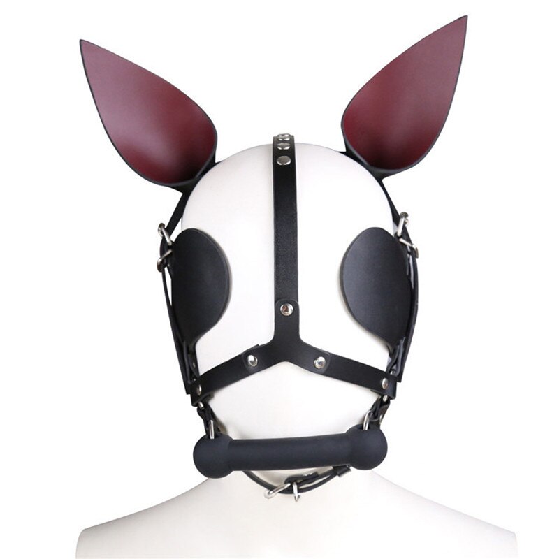 Front-facing white pup mask with black straps, eye covers, muzzle bar, and pointed ears