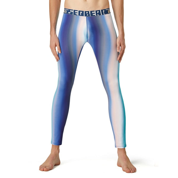 Front view of blue and silver metallic high-waisted leggings with a branded elastic waistband
