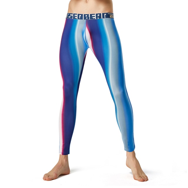 Blue and red gradient full-length leggings with a wide branded waistband