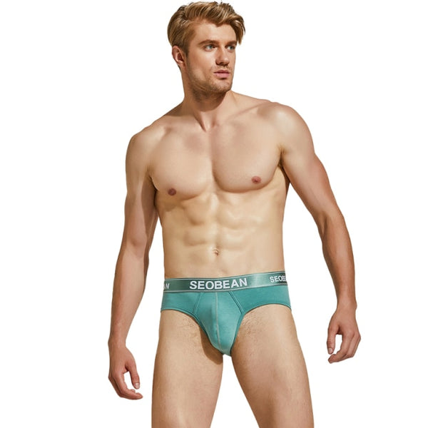 Front-view model wearing teal Seobean brief underwear with a branded waistband