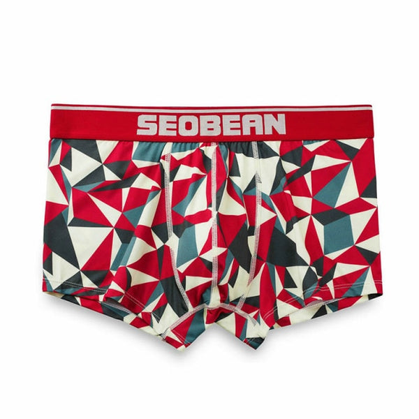 Front view of red, white, teal, and black geometric-print boxer briefs with SEOBEAN waistband