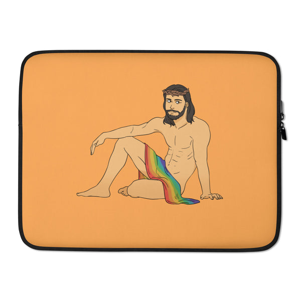 Orange laptop sleeve with black trim, showing a seated nude Jesus illustration draped in a rainbow cloth