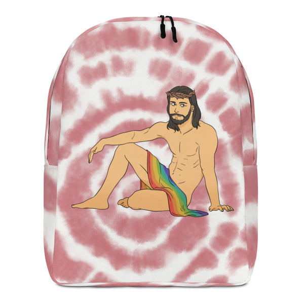 Front view of a pink tie-dye backpack featuring a nude, bearded Jesus illustration draped in a rainbow cloth